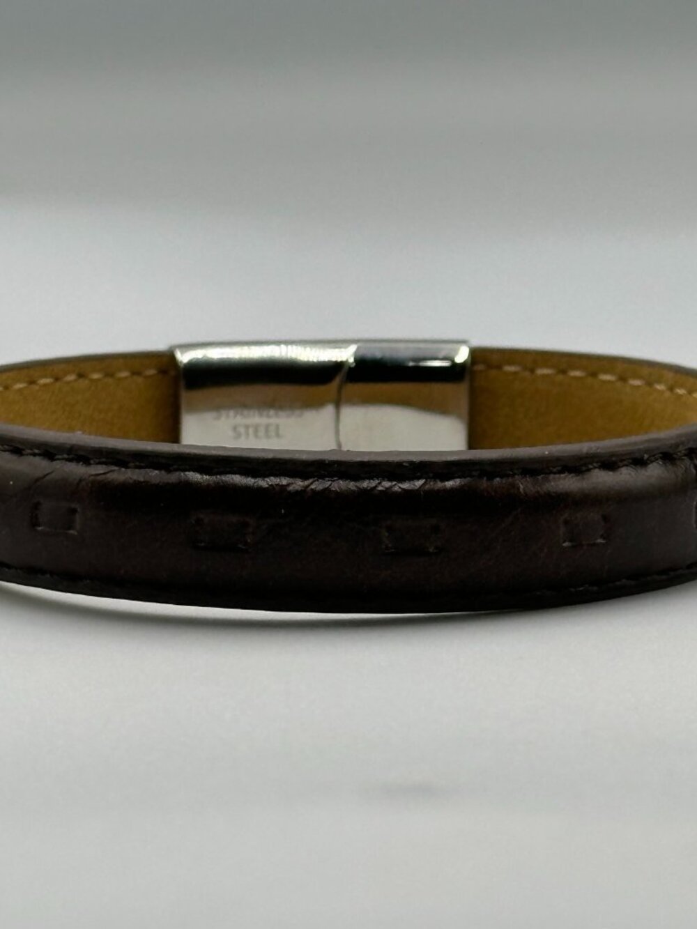 3/$30 Men Brown Leather Bracelet Stitched Stainless Steel Snap Clasp 8.25"